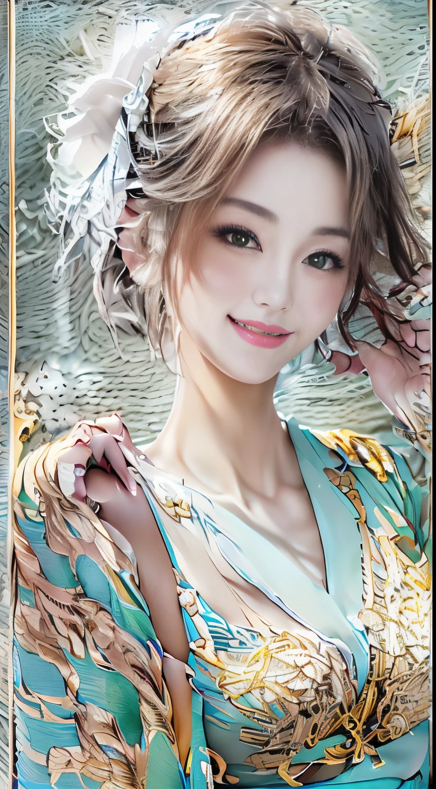 (Super beautiful woman in kimono)、((best qualtiy、8k masterpieces:1.3))、White kimono、foco nítido:1.2、(ultra beautiful faces:1.0)、(shinny skin:1.0)、photos realistic、、from the front side、medium breasts、With a happy smile、Slender Abs Beauty、Whole body、wearing kimonos、