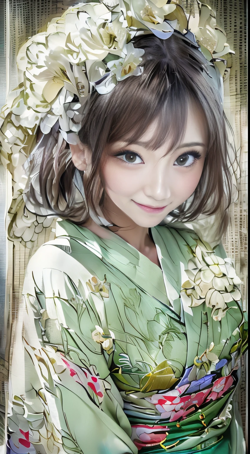(Super beautiful woman in kimono)、((best qualtiy、8k masterpieces:1.3))、White kimono、foco nítido:1.2、(ultra beautiful faces:1.0)、(shinny skin:1.0)、photos realistic、、from the front side、medium breasts、With a happy smile、Slender Abs Beauty、Whole body、wearing kimonos、