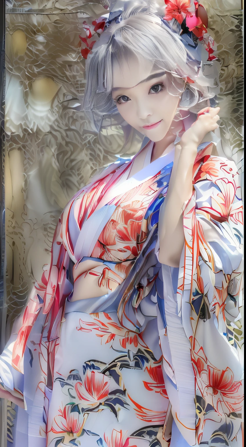 (Super beautiful woman in kimono)、((best qualtiy、8k masterpieces:1.3))、White kimono、foco nítido:1.2、(ultra beautiful faces:1.0)、(shinny skin:1.0)、photos realistic、、from the front side、medium breasts、With a happy smile、Slender Abs Beauty、Whole body、wearing kimonos、