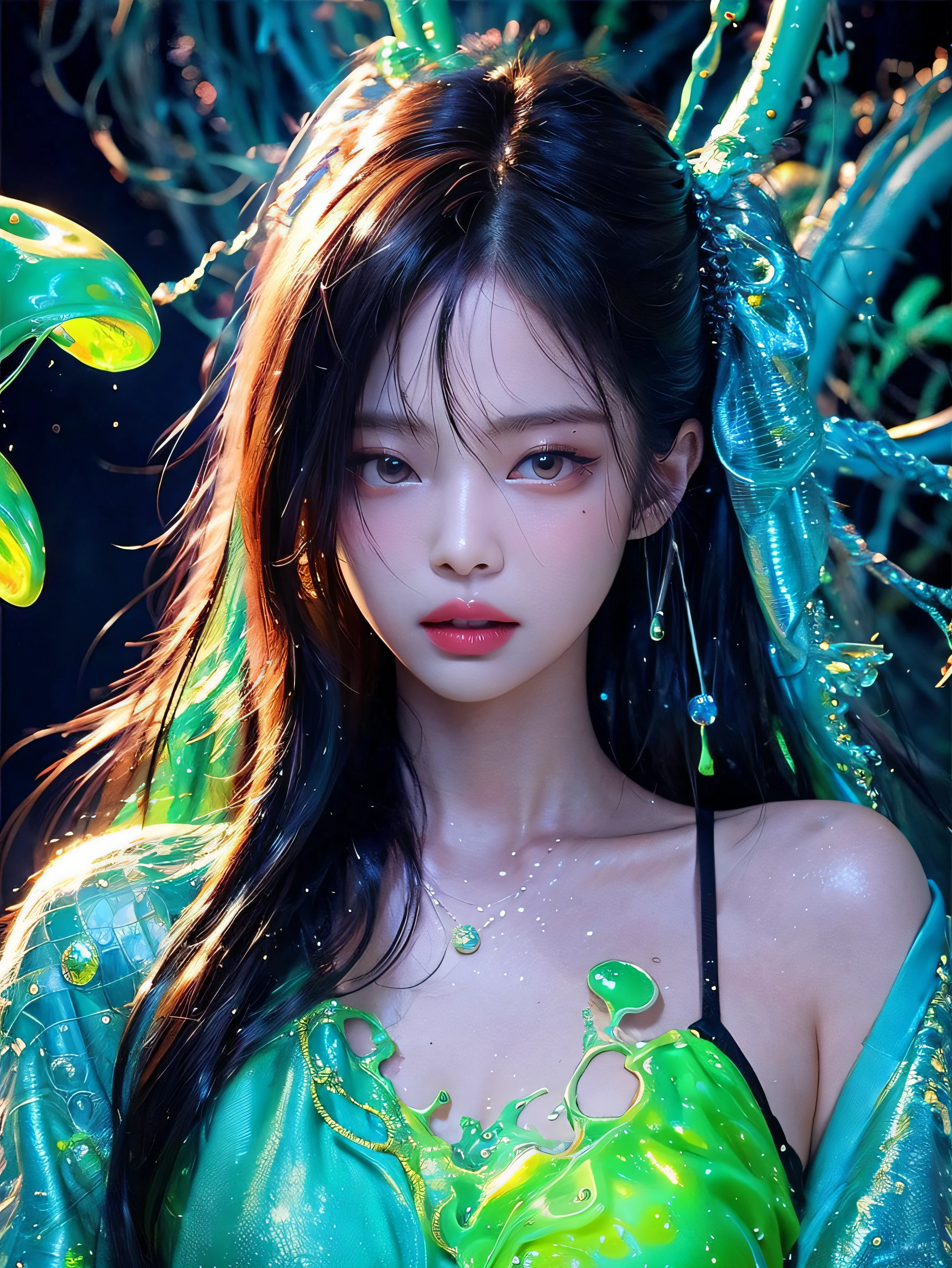 在黑暗中發光 ，油漆飛濺，Captivating psychedelic surreal neon amazing universe 美麗的 gorgeous women in a bright colorful neon light，馬克雷登、丹尼爾·梅里亞姆、弗蘭克·弗雷澤塔 (Frank Frazetta) 和鮑里斯·瓦列霍 (Boris Vallejo) 風格的明亮霓虹色, 、時尚服飾，涼鞋，超寫實, 迷幻的,  華麗的, 美麗的, 精細的細節, 複雜的細節, 超詳細, 油畫, 複雜的顏色, 珍妮金,