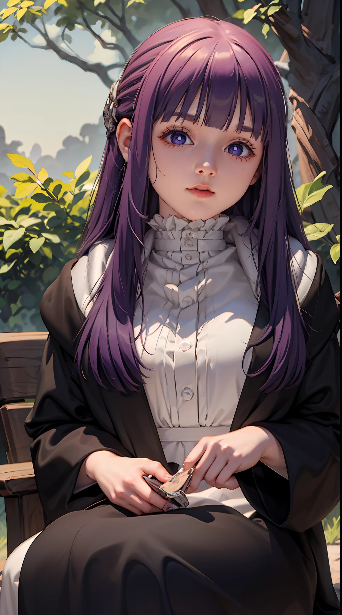 (purple hair:1.1,best quality,4k,8k,highres,masterpiece:1.2),ultra-detailed,(realistic,photorealistic,photo-realistic:1.37),Fern with vibrant purple hair sitting on a cushion in a serene garden, bathed in warm sunlight. She is surrounded by lush vegetation and colorful flowers, with delicate petals gently falling around her. Fern is wearing an elegant dress that complements her hair color, and the fabric flows gracefully around her as she sits. The digital art captures every intricate detail of Fern's vibrant hair, her expressive eyes, and her serene smile. The overall scene is rendered with vivid colors and a high level of realism, creating a mesmerizing masterpiece. The lighting accentuates the beauty of both Fern and the garden, highlighting the rich tones of the purple hair and the natural beauty of the surrounding flora. The artwork is a perfect blend of realism and artistic interpretation, showcasing the beauty of Fern and the tranquil atmosphere of the garden.