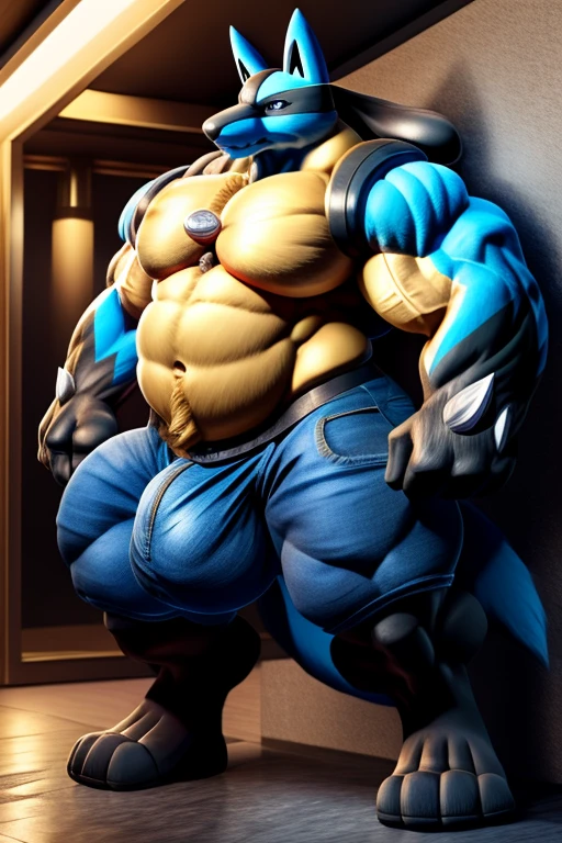 A large hyper-musclegut male anthro Lucario standing on a city street. The Lucario haedium-length slicked-back brown hair)) and (large fluffy tail) and ((blue-grey eyes)) wearing (denim jacket and pants). His body is pulsing with growth as he begins to fill his clothing out. He's starting to overfill his clothing with his sheer size, his muscles growing uncontrollably. He's shoved up against the boundaries of the chamber as his body grows massive. The growth taking control he becomes a gigantic beast of muscles, hunched over from the growth. Massive pectorals pushing out as his body pulsates and heaves bigger. Jirou huge package, huge bulge, massive package, massive bulge, powerful build, thicc, supercharged muscles, very tall, stocky, huge belly, fat obese