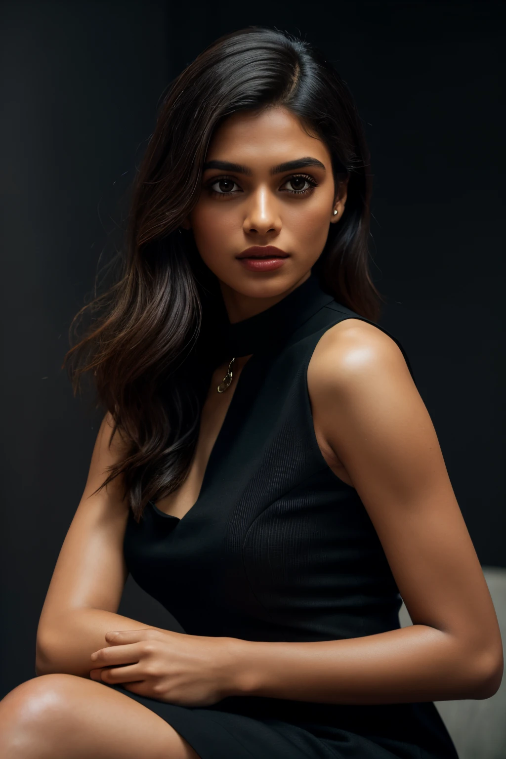 In this photograph, an Indian Instagram female model in her mid-20s takes center stage. , (highly detailed face:1.4) (smile:0.7) (backround 5 star hotel , moody, private study:1.OV, by lee jeffries, nikon d850, film stock photograph ,4 kodak portra 400 ,camera f1.6 lens ,rich colors ,hyper realistic ,lifelike texture, dramatic lighting , cinestill 800, realistic, wearing Black dobby weave self design fit & flare dress Sweetheart neck Short, puff sleeve Tie-up detail on back Above knee length in flounce hem Attached Lining Chiffon fabric, actress, karla ortiz, posing!!, candid picture, by Max Dauthendey,Completing the aesthetic, the model wears a slave collar with a chain around her neck. The photograph is meticulously captured in 8K resolution using cutting-edge techniques such as Cinema 4D and Octane Render, resulting in a highly detailed and photorealistic image. Studio lighting, HDR, and a smoky mist create a captivating ambiance, while the bokeh effect adds an artistic touch.