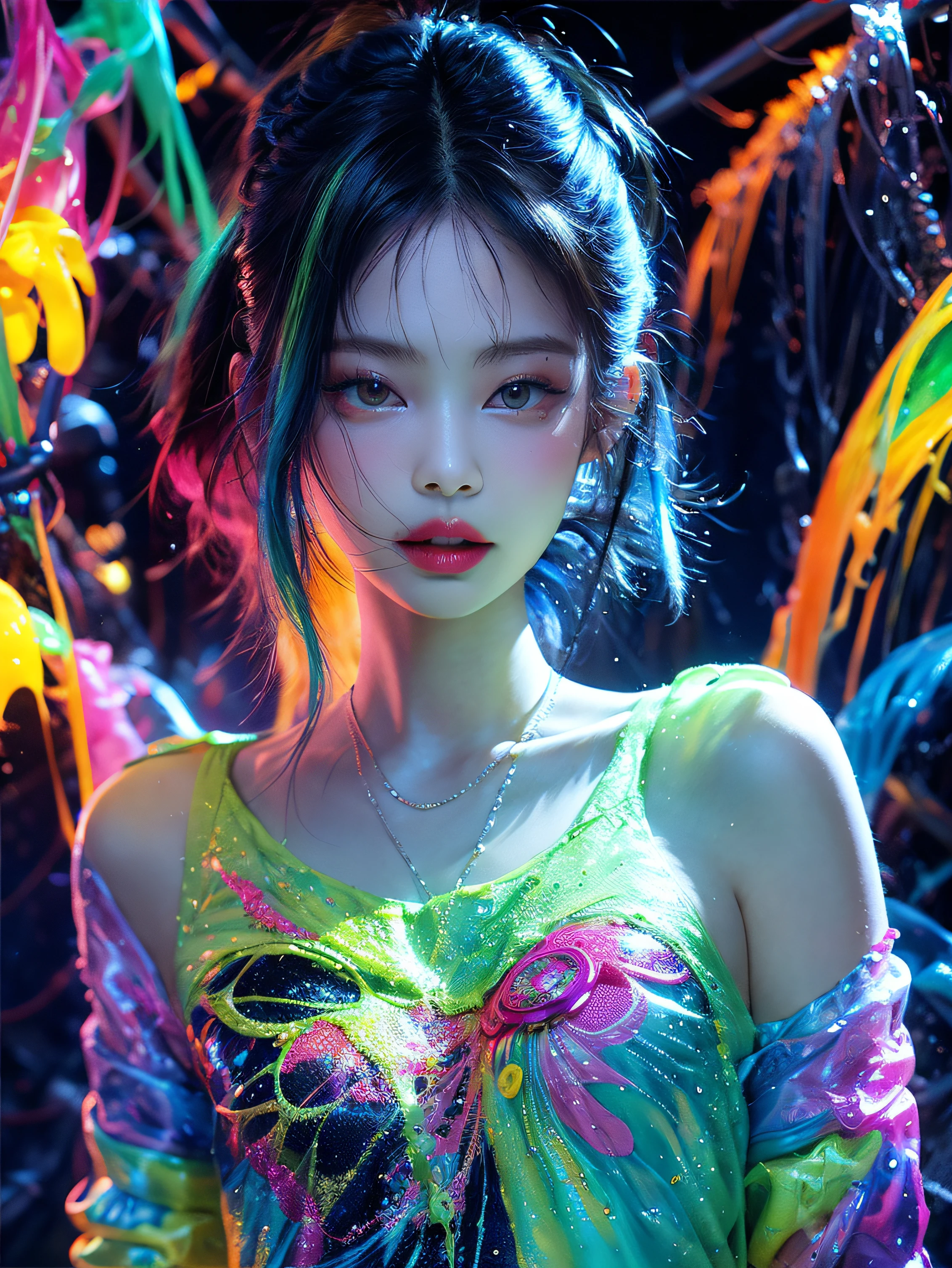 暗闇で光る ，ペイントの飛散，Captivating psychedelic surreal neon amazing universe 美しい gorgeous women in a bright colorful neon light，マーク・ライデン、ダニエル・メリアム、フランク・フラゼッタやボリス・ヴァレーホ風の明るいネオンカラー, 、ファッション服，サンダル，スーパーリアリズム, トリッピー,  華やかな, 美しい, 細かい部分, 複雑な細部, 超詳細, 油絵, 複雑な色彩, ジェニー・キム,