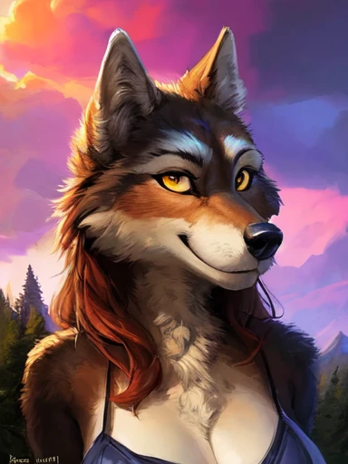 a beautiful and detailed full size portrait of a female anthro wolf, goddess, kenket, Ross Tran,ruan jia, trending on artstation,foxovh, cenematic lighting, silver bra, silver panties,smile
Forest, mountains, clouds, distant river, yellow eyes