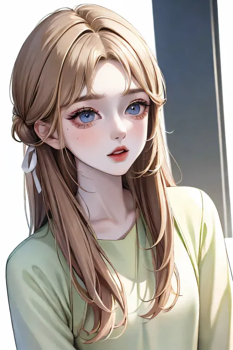 1 girl, Absurdres masterpiece pastel colours HDR high quality portrait of a beautiful girl with blondish brown hair and anime eyes pale lips wearing street wear outfit in a white background warm filter