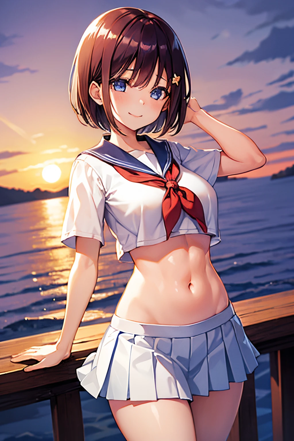 1 girl、Ichika　Nakano、Dark hair　short-hair、Sunset　River、light blu　a sailor suit　pleatedskirt、is standing、a smile、huge tit、Toned abs　Navel Ejection