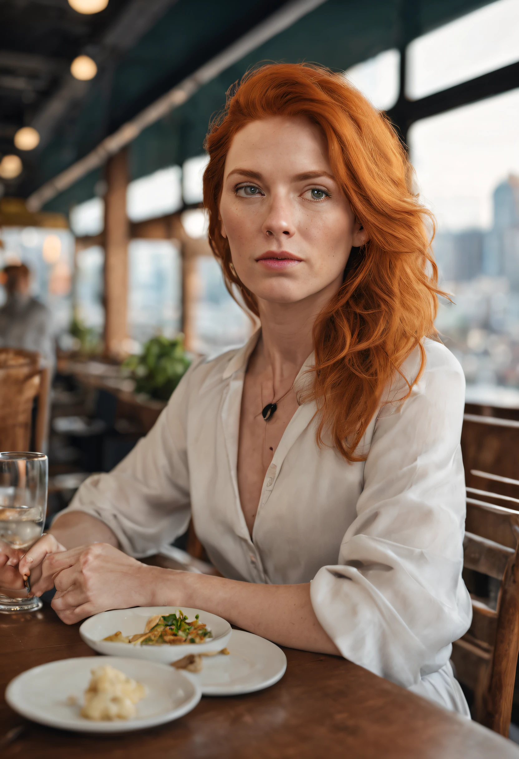 une femme américaine d&#39;âge moyen aux cheveux roux au restaurant avec une vue sur la ville belle photo réaliste peau blanche ultra réaliste, Ultra haute résolution, photoréaliste, 1.4 UHD 27 ans