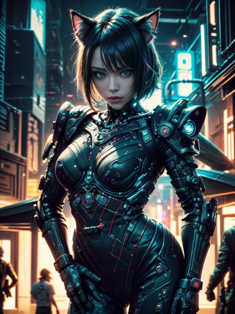 Beautiful photo of Reika Shimohira as a ((Cyberpunk Nekomata ((catgirl)))), ((shapeless hairstyle)), slender body, cat ears, cat...