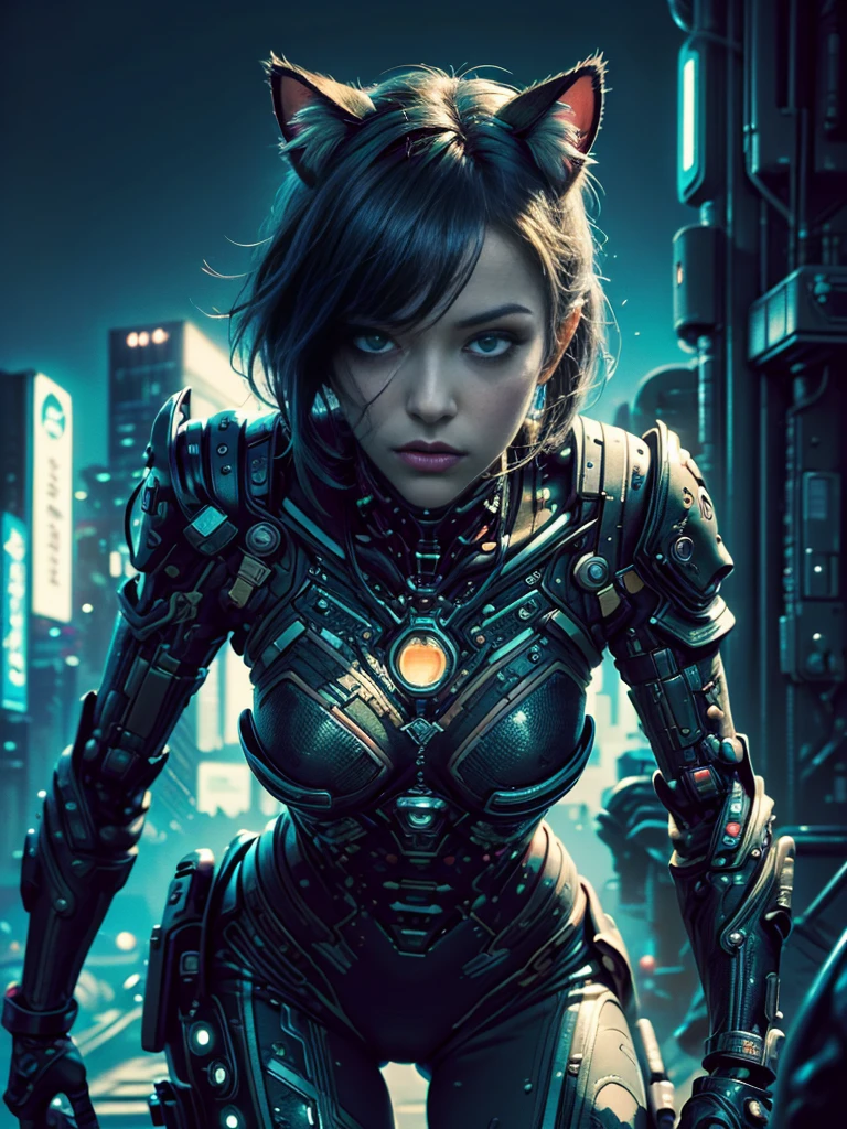 Beautiful photo of Reika Shimohira as a ((Cyberpunk Nekomata ((catgirl)))), ((shapeless hairstyle)), slender body, cat ears, cat tail, (cowboy shot), (dynamic pose), science fiction, ((futuristic cyberpunk city in the background)), Gantz, Cyberpunk 2077, Ultra realistic photo, masterpiece, best quality, CG, wallpaper, HDR, high quality, high-definition, extremely detailed, {beautiful detailed face}, {beautiful detailed eyes}, (detailed light){{intricate detail}}, {highres}, ((detailed face)), neon light, chiaroscuro, key visual, intricate detail, highly detailed, breathtaking, vibrant, cinematic lighting, 18+, Nsfw