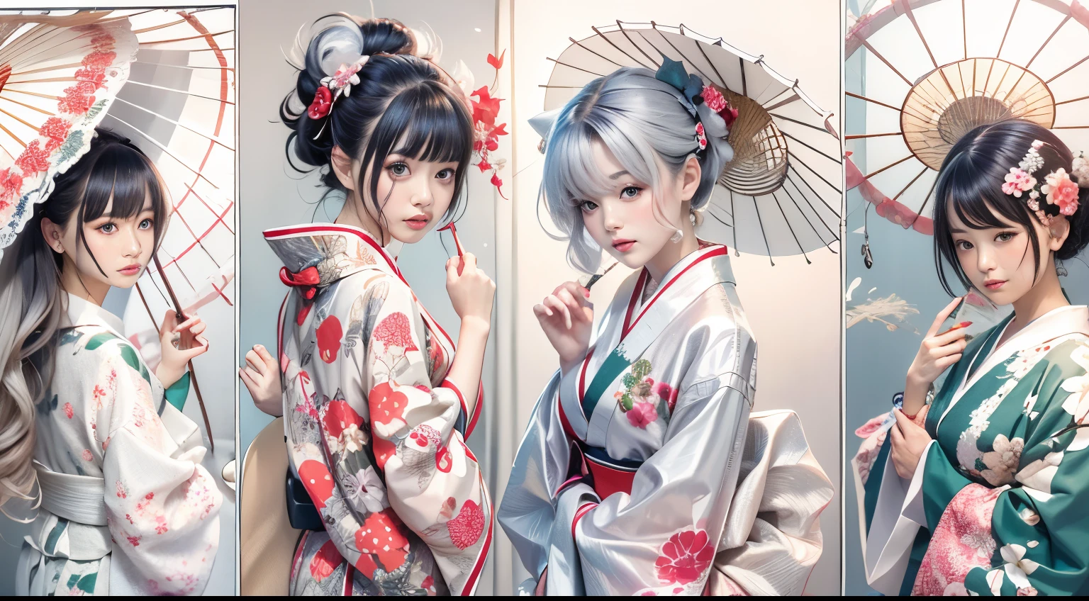 7 people、There is a woman wearing a kimono and holding a flower-patterned umbrella......., in a kimono, in a kimono, Kimono, pale and coloured kimono, Wearing kimono, wearing silver silk robe, japanese kimono, shikamimi, sakimichan, In silver silk robes, Anime Girl , goddess of Japan, Ayami Kojima Amano, portrait a woman like reol, Wearing a kimono