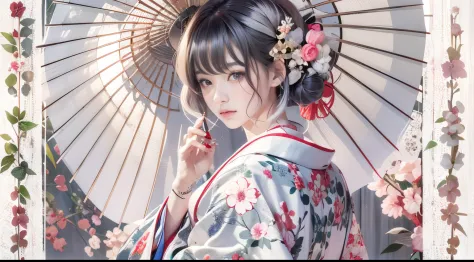 7 people、there is a woman wearing a kimono and holding a flower-patterned umbrella......., in a kimono, in a kimono, kimono, pal...