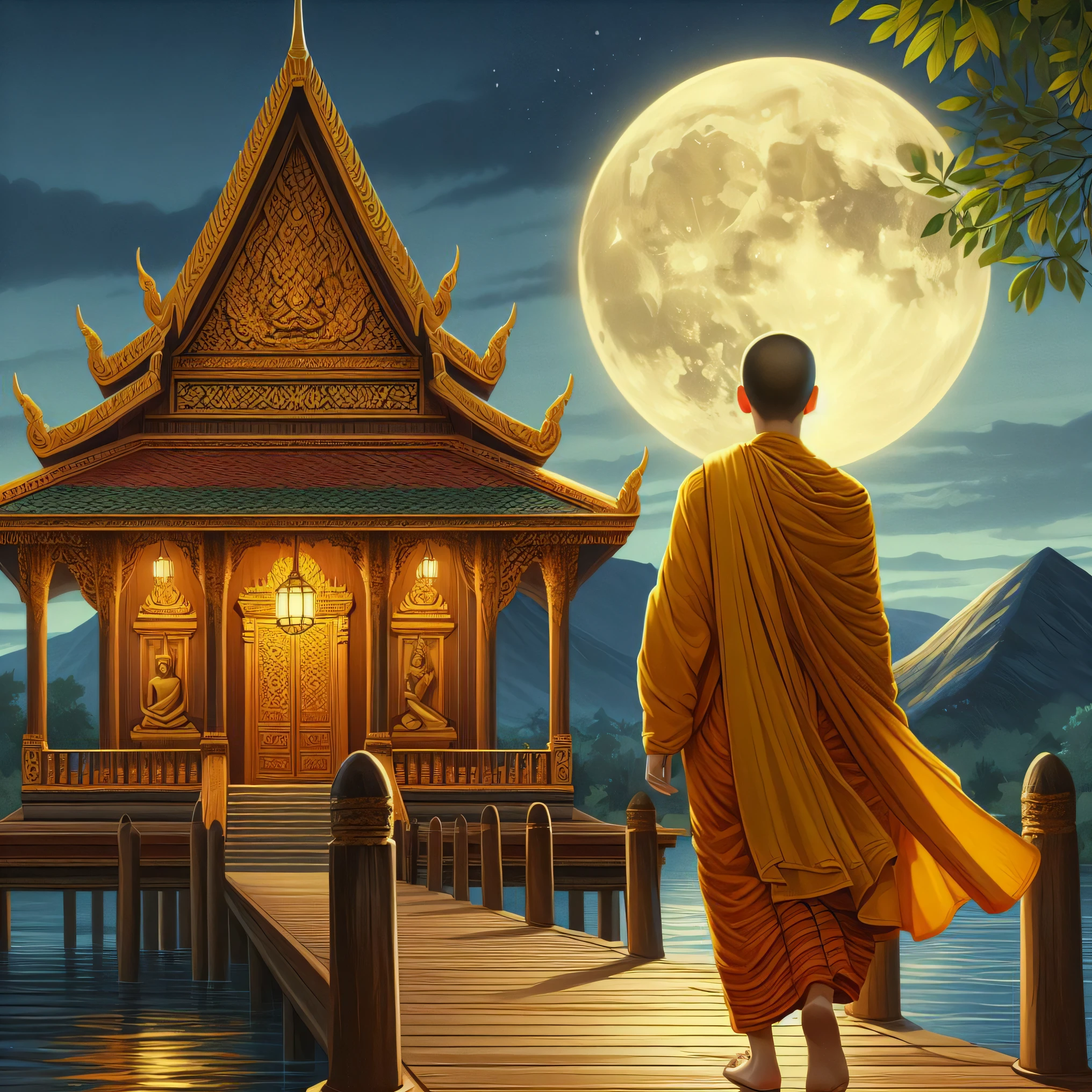 arafed monk walking on a pier at night with a full moon, buddhism, buddhist monk, monk meditate, on path to enlightenment, monk, 2 1 st century monk, on the path to enlightenment, monk clothes, buddhist temple, buddhist monk meditating, temple background, tithi luadthong, buddhist, thailand art, monk's robe