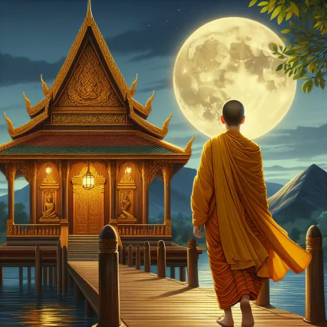 arafed monk walking on a pier at night with a full moon, buddhism, buddhist monk, monk meditate, on path to enlightenment, monk,...