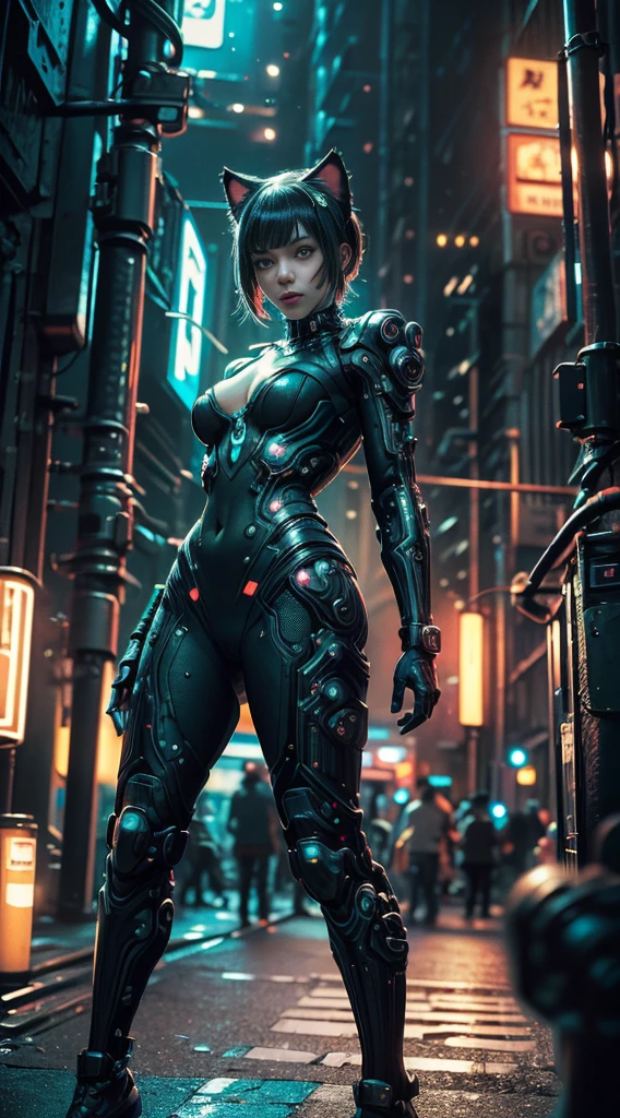 Beautiful photo of Reika Shimohira as a ((Cyberpunk Nekomata ((catgirl)))), ((shapeless hairstyle)), slender body, cat ears, cat tail), (full length shot), (dynamic pose), science fiction, ((futuristic cyberpunk city in the background)), Gantz, Cyberpunk 2077, Ultra realistic photo, masterpiece, best quality, CG, wallpaper, HDR, high quality, high-definition, extremely detailed, {beautiful detailed face}, {beautiful detailed eyes}, (detailed light){{intricate detail}}, {highres}, ((detailed face)), neon light, chiaroscuro, key visual, intricate detail, highly detailed, breathtaking, vibrant, cinematic lighting, 18+, Nsfw