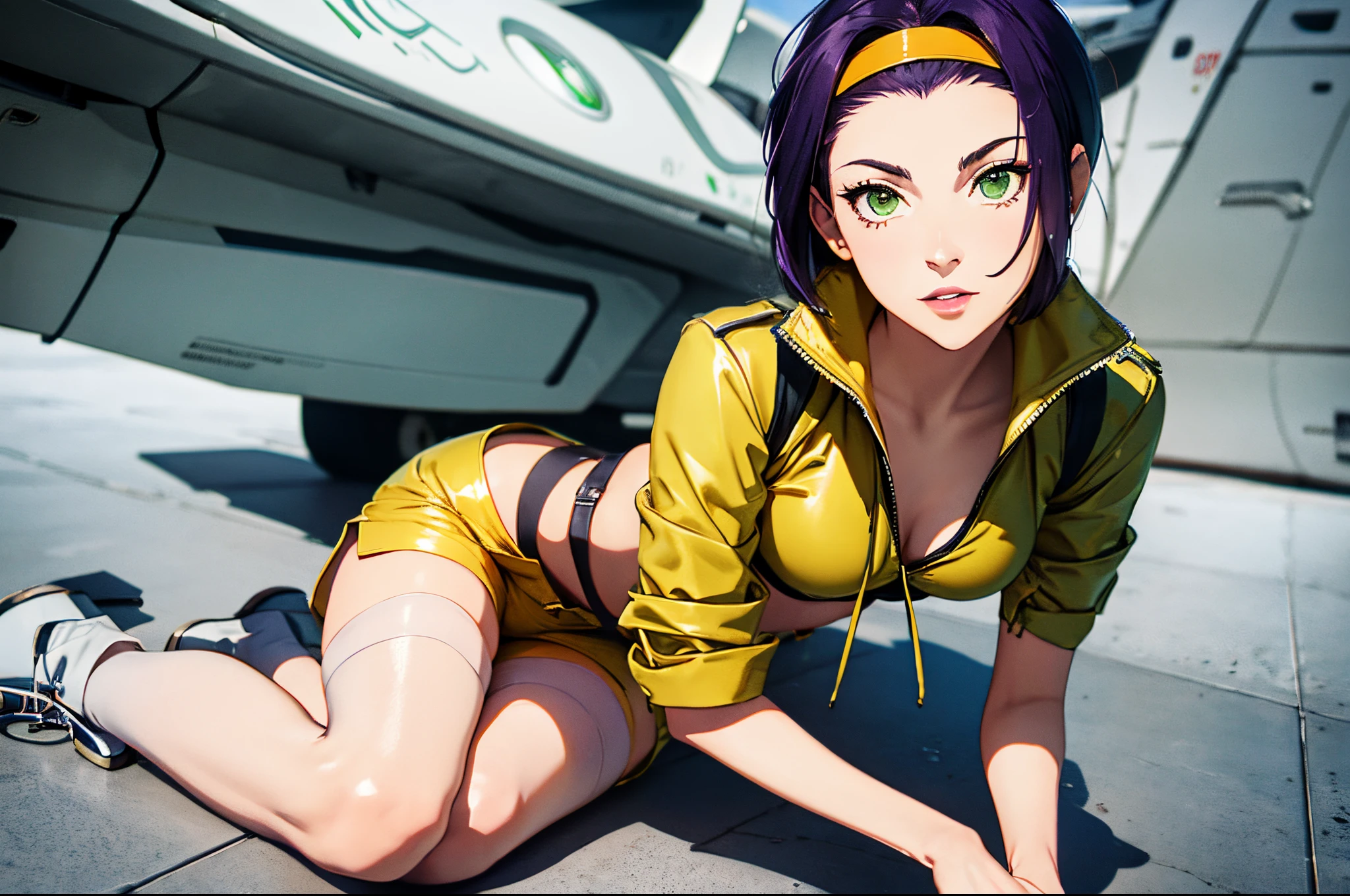 (close up), (masterpiece), best quality, expressive eyes, perfect face, highres, 1 girl solo, faye valentine, short hair, (green eyes:1.5), purple hair, hairband, yellow hairband, thighhighs, jacket, boots, shorts, high heels, crop top, white footwear, red jacket, high heel boots, yellow shorts, space ship, sitting on floor, portrait, looking at the viewer