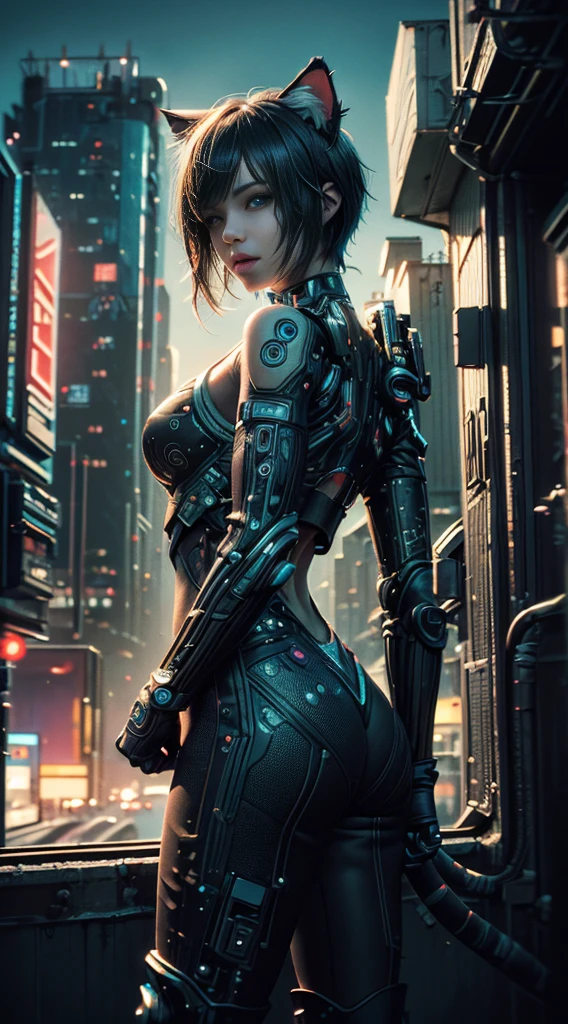 Beautiful photo of Reika Shimohira as a ((Cyberpunk Nekomata ((catgirl)))), ((shapeless hairstyle)), slender body, cat ears, cat tail), (full length shot), (dynamic pose), science fiction, ((futuristic cyberpunk city in the background)), Gantz, Cyberpunk 2077, Ultra realistic photo, masterpiece, best quality, CG, wallpaper, HDR, high quality, high-definition, extremely detailed, {beautiful detailed face}, {beautiful detailed eyes}, (detailed light){{intricate detail}}, {highres}, ((detailed face)), neon light, chiaroscuro, key visual, intricate detail, highly detailed, breathtaking, vibrant, cinematic lighting, 18+, Nsfw