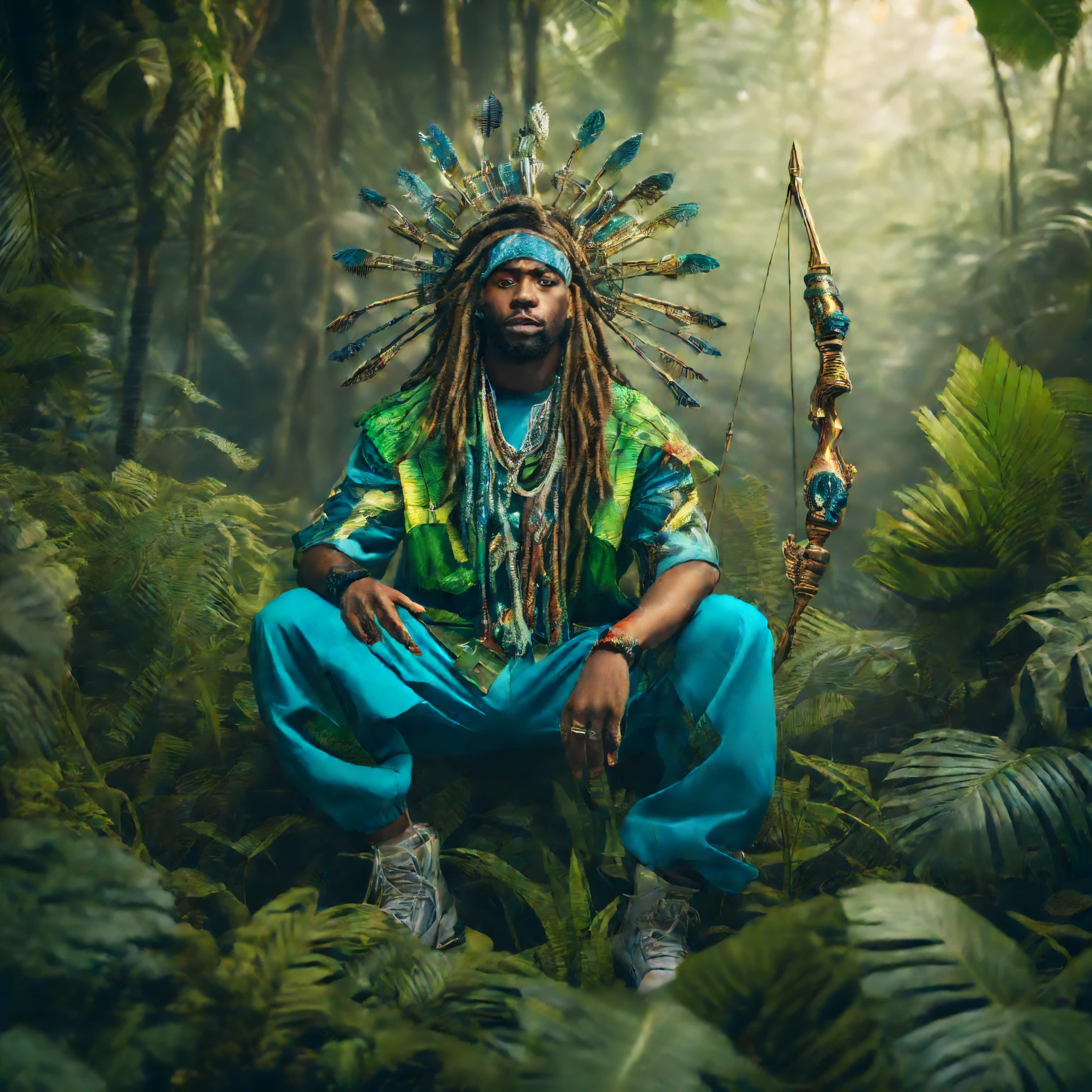 Hip-Hop-Kleidung, Ein Hip-Hop-Gott mit Dreadlocks trägt grüne und blaue Hip-Hop-Kleidung im Dschungel mit Tieren und hält einen futuristischen Pfeil und Bogen, schwarzer Mann, Große Lautsprecher im Dschungel wie eine Show, Rapper-Kleidung, Afrofuturismus Mode, Ultra-Qualität, 8K, komplizierte Details, schönes Gesicht, Gott Hunter, Filmszene und Licht, Hip-Hop-Stil