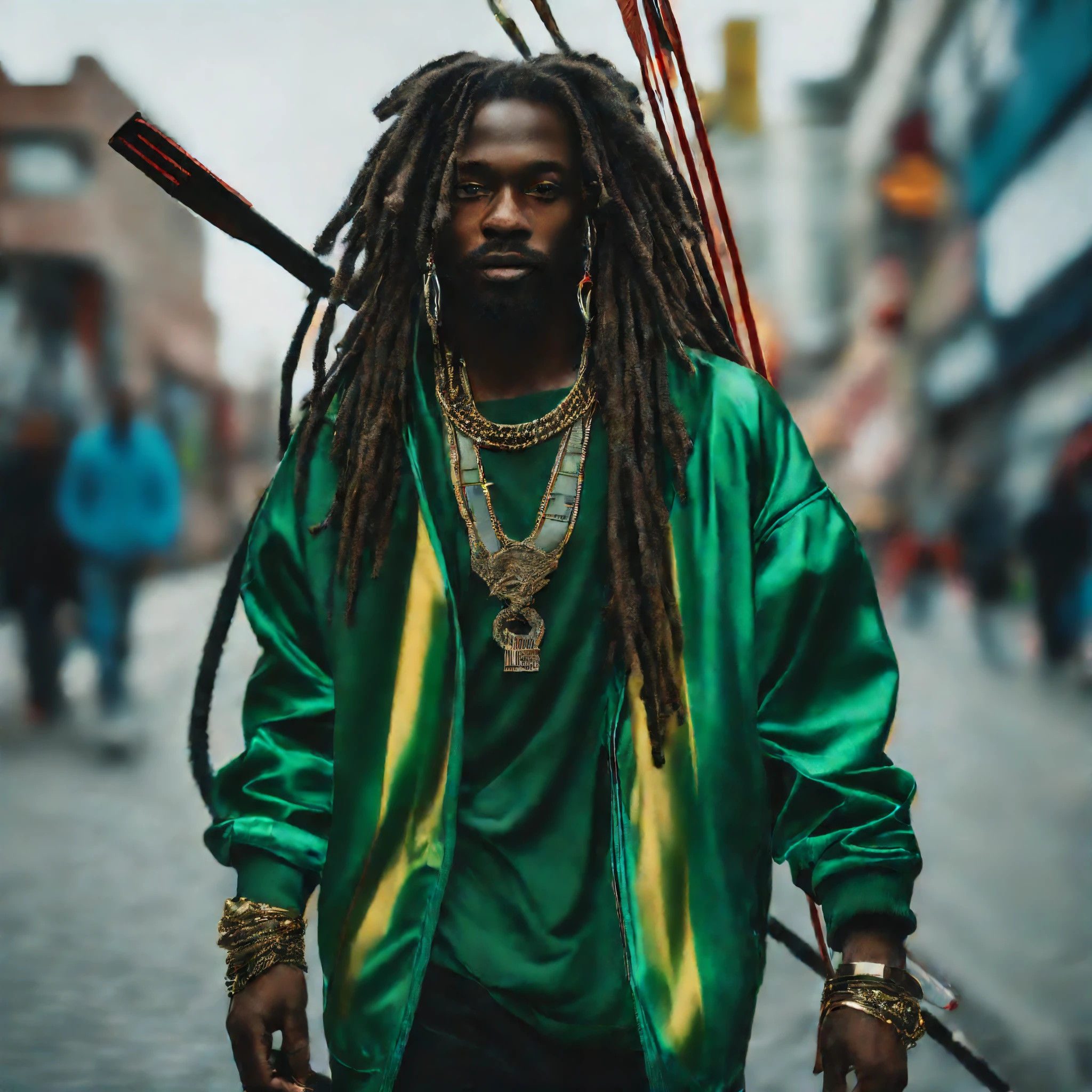 Hip hop wearing, A hip hop god with dreadlocks wearing a green and blue hip hop clothes walking on The street holding a futuristic bow and arrow, black man, big Soundspeakers, rapper clothes, afrofuturism fashion, ultra quality, 8K, intricate details, beautiful face, cinematic scene and light, hip hop style