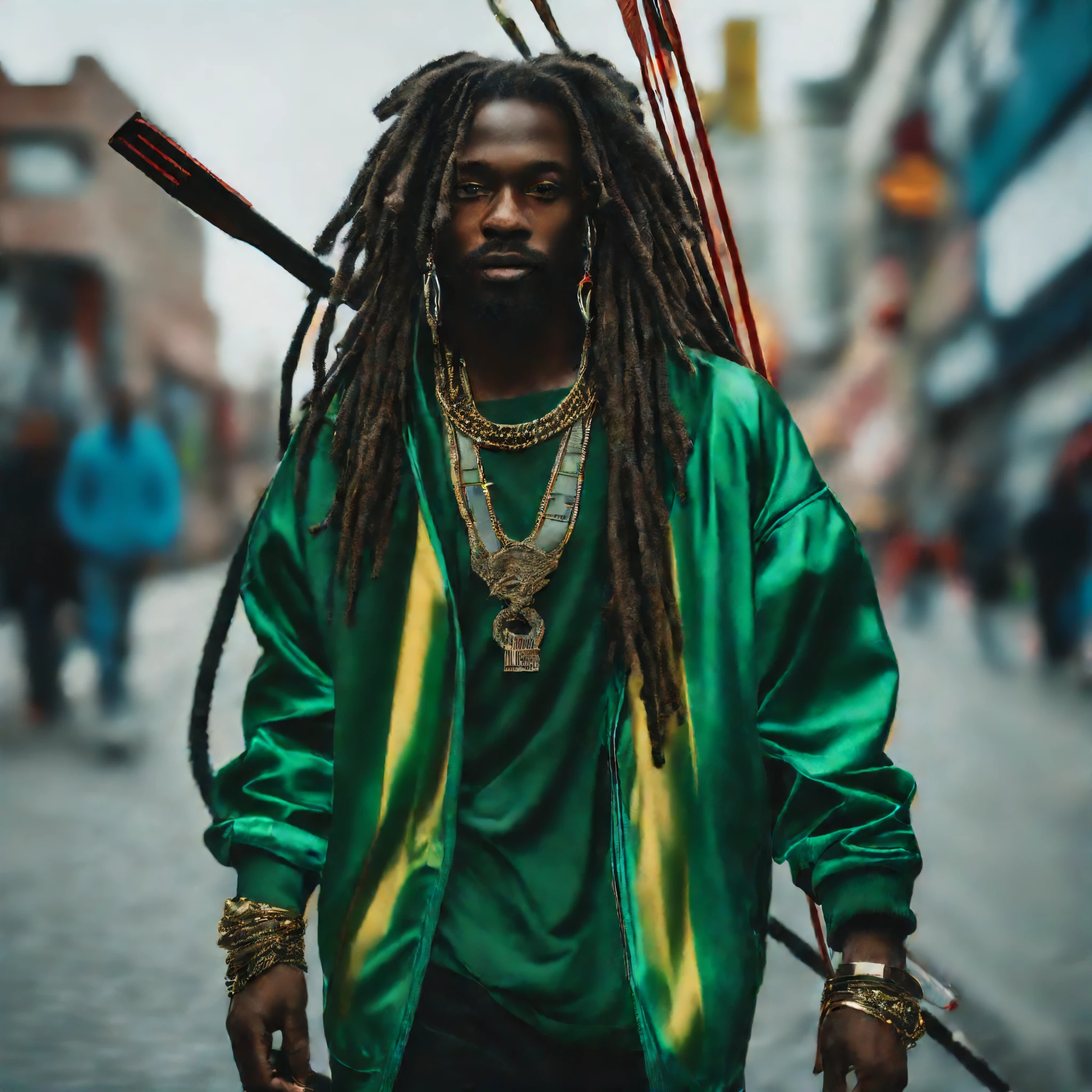 Hip-Hop-Kleidung, Ein Hip-Hop-Gott mit Dreadlocks, der grüne und blaue Hip-Hop-Kleidung trägt und mit einem futuristischen Bogen und Pfeil auf der Straße geht, schwarzer Mann, Große Lautsprecher, Rapper-Kleidung, Afrofuturismus Mode, Ultra-Qualität, 8K, komplizierte Details, schönes Gesicht, Filmszene und Licht, Hip-Hop-Stil