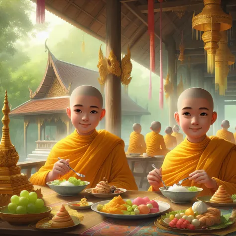 two monks sitting at a table eating food and smiling, tithi luadthong, by John La Gatta, thailand art, buddhist, a beautiful art...