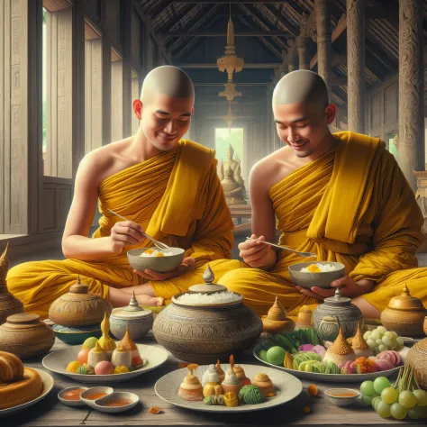 two monks sitting on a table with plates of food and bowls of fruit, monks, tithi luadthong, in style of thawan duchanee, monk c...