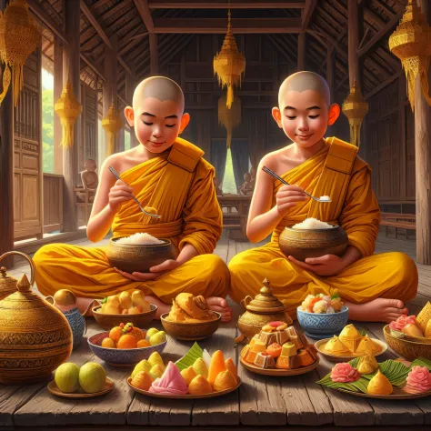 two monks sitting on a wooden platform with bowls of food, tithi luadthong, monks, buddhism, by John La Gatta, monk clothes, tha...
