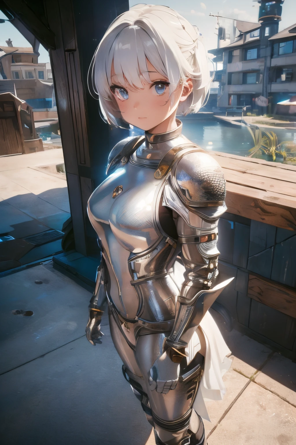 (((masterpiece))), (((best quality))), ((ultra-detailed)), (cinematic lighting), (illustration), (beautiful detailed eyes), (1girl), full body, space, knight, armour, light hair, skirt, walking, medieval city, best quality, expressive eyes, perfect face, Girl: (white hair, short hair, jumpsuit, silver armour),