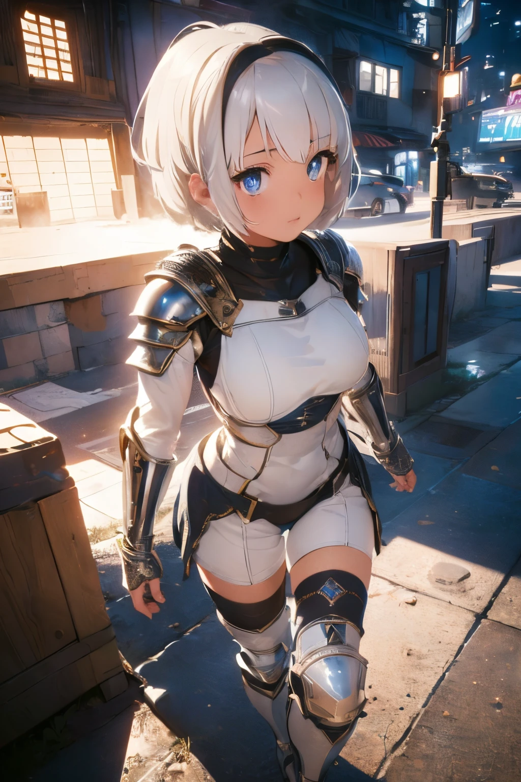 (((masterpiece))), (((best quality))), ((ultra-detailed)), (cinematic lighting), (illustration), (beautiful detailed eyes), (1girl), full body, space, knight, armour, light hair, skirt, walking, medieval city, lasers, best quality, expressive eyes, perfect face, Girl: (20s, white hair, short hair, jumpsuit, silver armour),