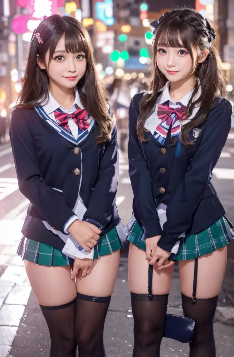 high-angle shot、Center view、Two arafe asian women in short skirts and bow ties standing on neon street in the middle of the night、Multiple cute girls, Amazingly cute high school girls、Japan Girl Uniform、summer clothing、Wearing Japan school uniform、Japan Sc...