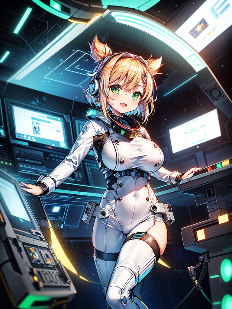 ​masterpiece:1.4, 1girl in ((20yr old, Wearing a tight, futuristic metallic white bodysuit,long boots, huge-breasted, Colorful blonde hair, Chignon,short-hair, Perfect model body, Green eyes:1.4, Wearing headphones, Flirting, Happy,  Looking out the window of the futuristic sci-fi space station、While admiring the beautiful galaxy:1.2, SFSF control room on night background:1.1, Neon and energetic atmosphere:1.2)) ((Galaxy)) ((Solo:1.6))