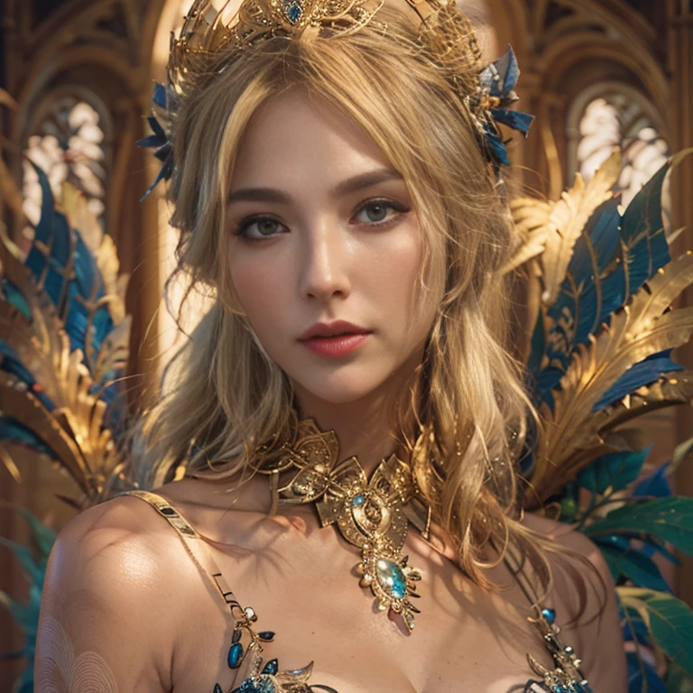 beautiful girl, full body, blonde, blue eyes, draconian, intricate, elegant, cinematic, full body, high detail, sharp focus, Beautiful detailed woman, Highly detailed eyes and faces, Detailed look, Ultra - detailed, High definition, Very detailed, Best quality, Illustration, unified, 8k wallpaper, Masterpiece, Best quality, sunset, ultra high resolution, highly detailed, digital painting, artstation, concept art, smooth, sharp focus, illustration, art by artgerm and Greg Rutkowski and Alphonse Mucha, (8k), cinematic background (hyper realistic), highly detailed, symmetrical, bright, golden tiara, golden belt, large breasts, nipple pressing, navel piercing, zloty lace stockings, golden high-heeled sandals.