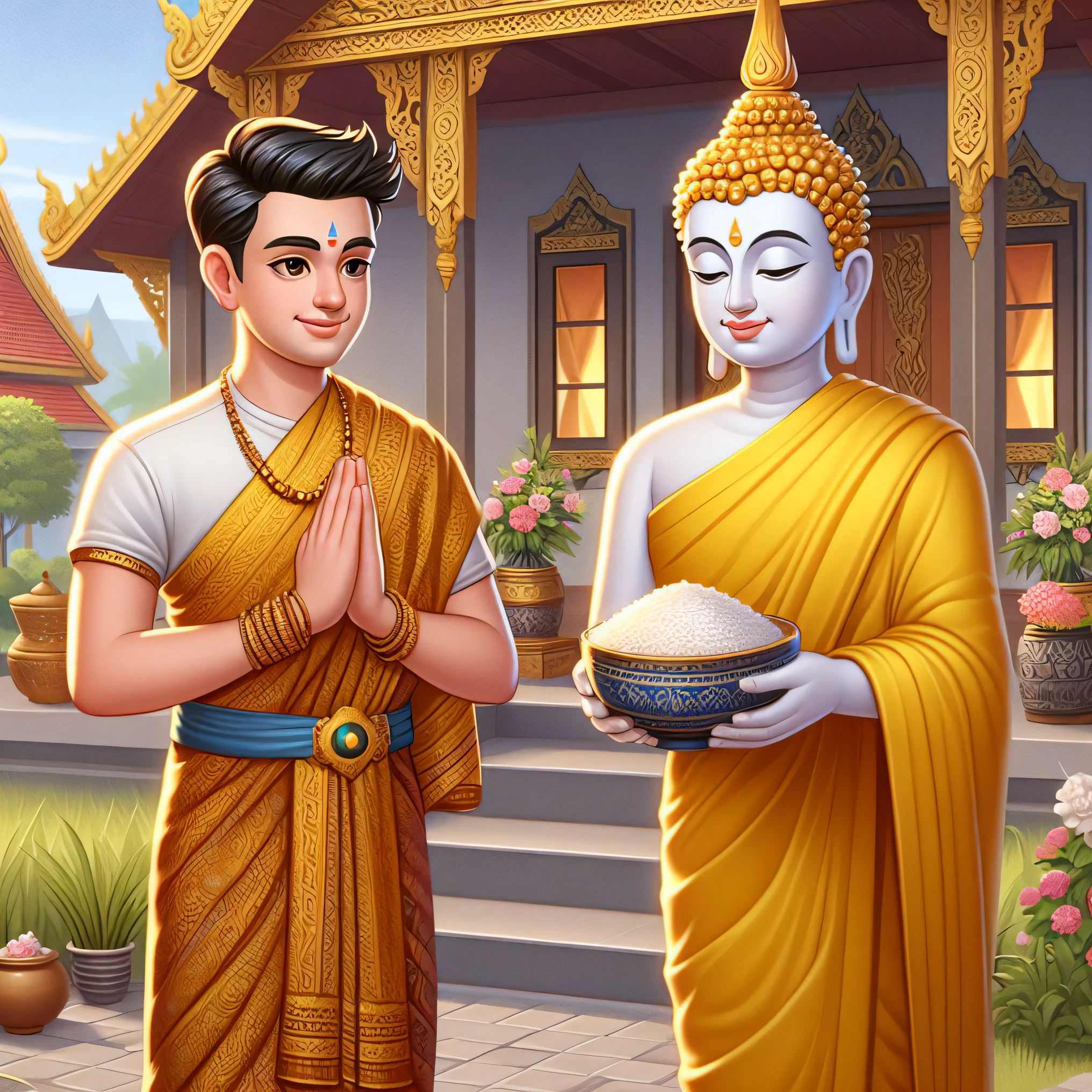 there are two men in yellow robes holding bowls of food, temple background, buddhism, thailand art, buddhist temple, vietnamese temple scene, nivanh chanthara, buddhist, thai temple, buddhist art, the buddha, patiphan sottiwilaiphong, in a temple, monk clothes, buddha, tithi luadthong, dharma artifacts