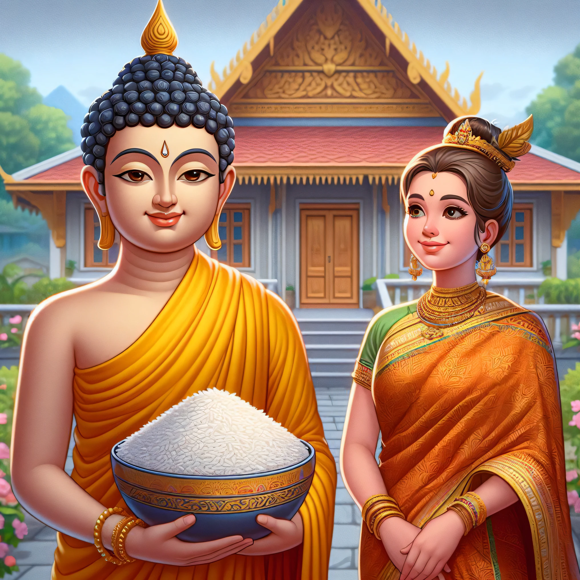 Two women in traditional thai clothing holding a bowl of rice - SeaArt AI