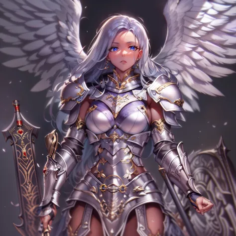 (masterpiece), (best quality), (ultra-detailed), female angelic warrior, silver armor, armored, full body, beautiful, fierce, holding weapons, sword and shield