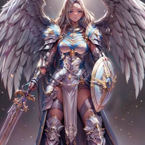 (masterpiece), (best quality), (ultra-detailed), female angelic warrior, silver armor, armored, full body, beautiful, fierce, holding weapons, sword and shield