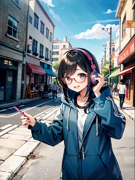 masterwork、1 woman、nerdy、listening to animated songs、Looks fun、独奏、eye glasses、parka、headphones、street、outside of house、In the ci...