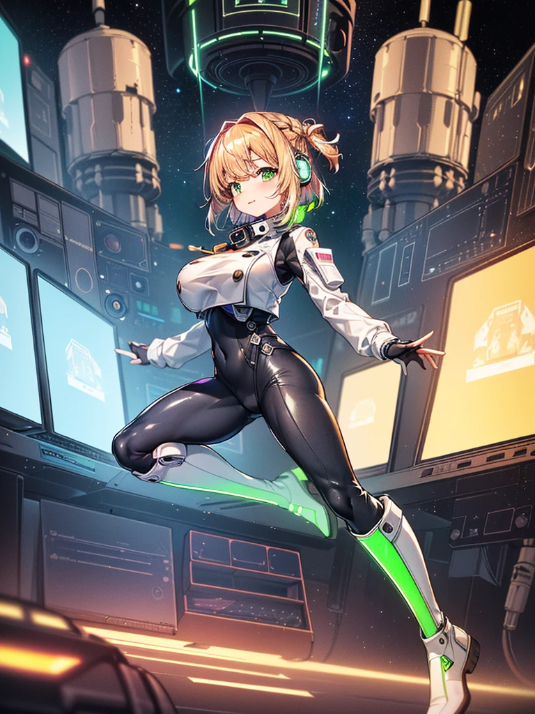 ​masterpiece:1.4, 1girl in ((20yr old, Wearing a tight, futuristic metallic white bodysuit,long boots, huge-breasted, Colorful blonde hair, Chignon,short-hair, Perfect model body, Green eyes:1.4, Wearing headphones, Flirting, Happy,  Looking out the window of the futuristic sci-fi space station、While admiring the beautiful galaxy:1.2, SFSF control room on night background:1.1, Neon and energetic atmosphere:1.2)) ((Galaxy)) ((Solo:1.6))