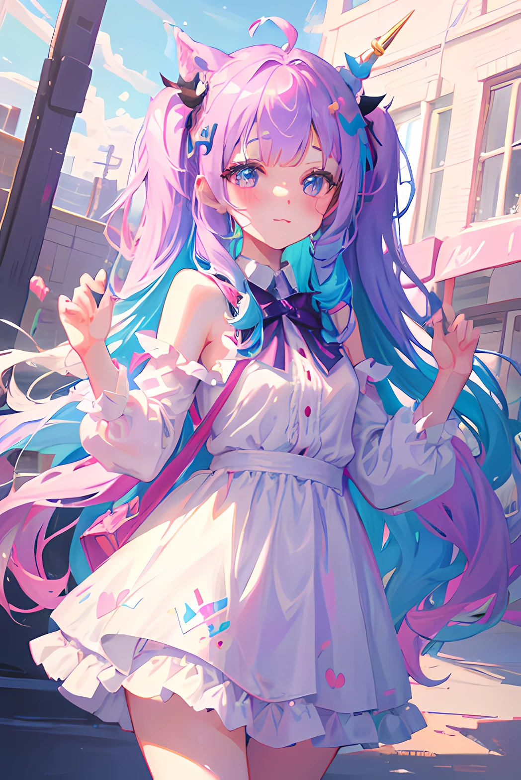 There&#39;sa drawing of a girl, Unicorn Discord PFP, Cute horns, unknown artstyle, by Kanbun Master, melty, sketchy artstyle, Danburu & Artstation, "Uvu - prismatic man, [[[[grinning evily]]]], ribbon in her hair, Pastelwave, Colorful sketch