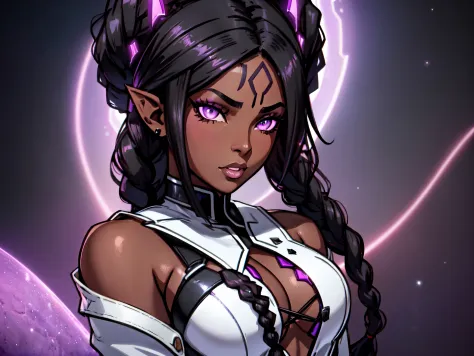 An (African-American) female, with long dark (black braids), purple eyes, dark (brown skin), (pointed ears), (slutty assassin), (sexy) black attire, (lust) demon, (Sci-fi) fantasy, (close-up shot), perfect composition, 4K, high quality, (perfect eyes), tre...