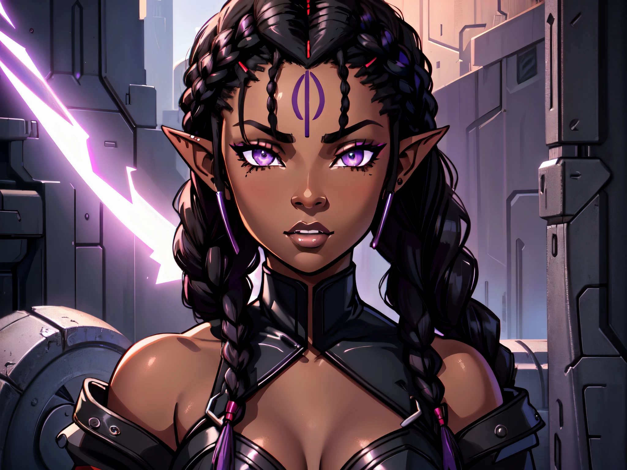 An (African-American) female, with long dark (black braids), purple eyes, dark (brown skin), (pointed ears), (slutty assassin), (sexy) black attire, (lust) demon, (Sci-fi) fantasy, (close-up shot), perfect composition, 4K, high quality, (perfect eyes), trending art, sharp focus, studio photo, (Pin-up) pose