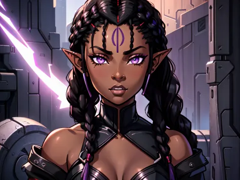 An (African-American) female, with long dark (black braids), purple eyes, dark (brown skin), (pointed ears), (slutty assassin), (sexy) black attire, (lust) demon, (Sci-fi) fantasy, (close-up shot), perfect composition, 4K, high quality, (perfect eyes), tre...