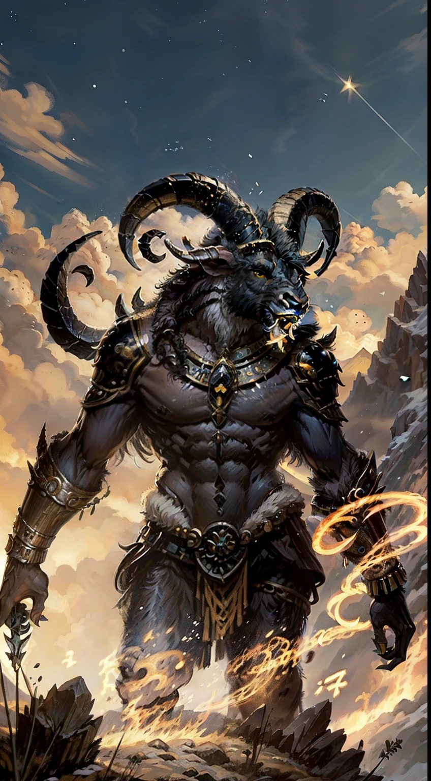 A painting of a demon with a horned head and a sword - SeaArt AI