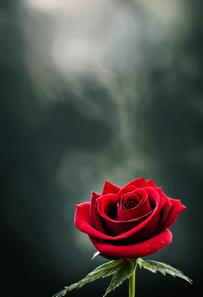 a single red rose, dew drops, black background, HD quality, photorealistic, intricate details, 16K
