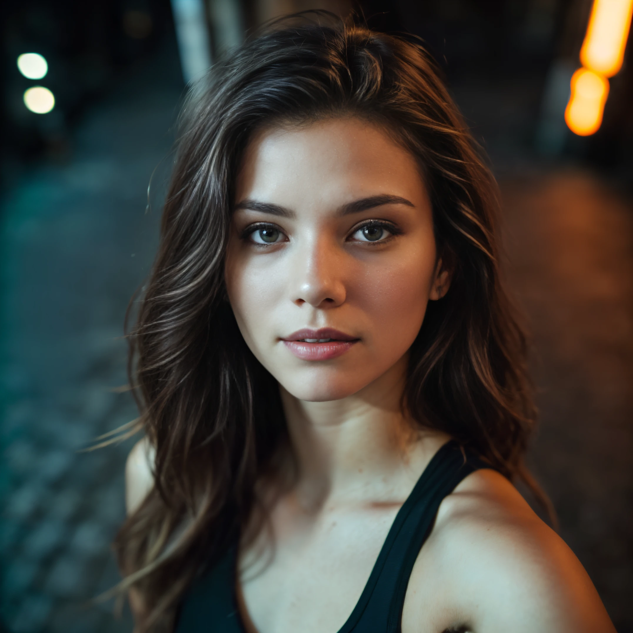 (taking selfies, overhead view: 1.4), (straight half of the torso: 1.4), Portrait photo of a 24-year-old french girl in RAW UHD format (Blue-eyed woman) Walk down the dark alley, night city, Details (textures! , Hair! , glistering, Color!! , imperfections: 1.1), highly detailed glossy eyes (looking at the camera), DSLR Lighting, SLR camera, Ultra-Quality, sharpness, Depth of field, Film grain (Downtown), Fujifilm XT3, Crystal clear, Frame Center, beatiful face, sharp-focus, street lamp, neon lighting, bokeh (dimly lit), night time, (night  sky), detailed skin pores, oilly skin, suntan, Complex eye details