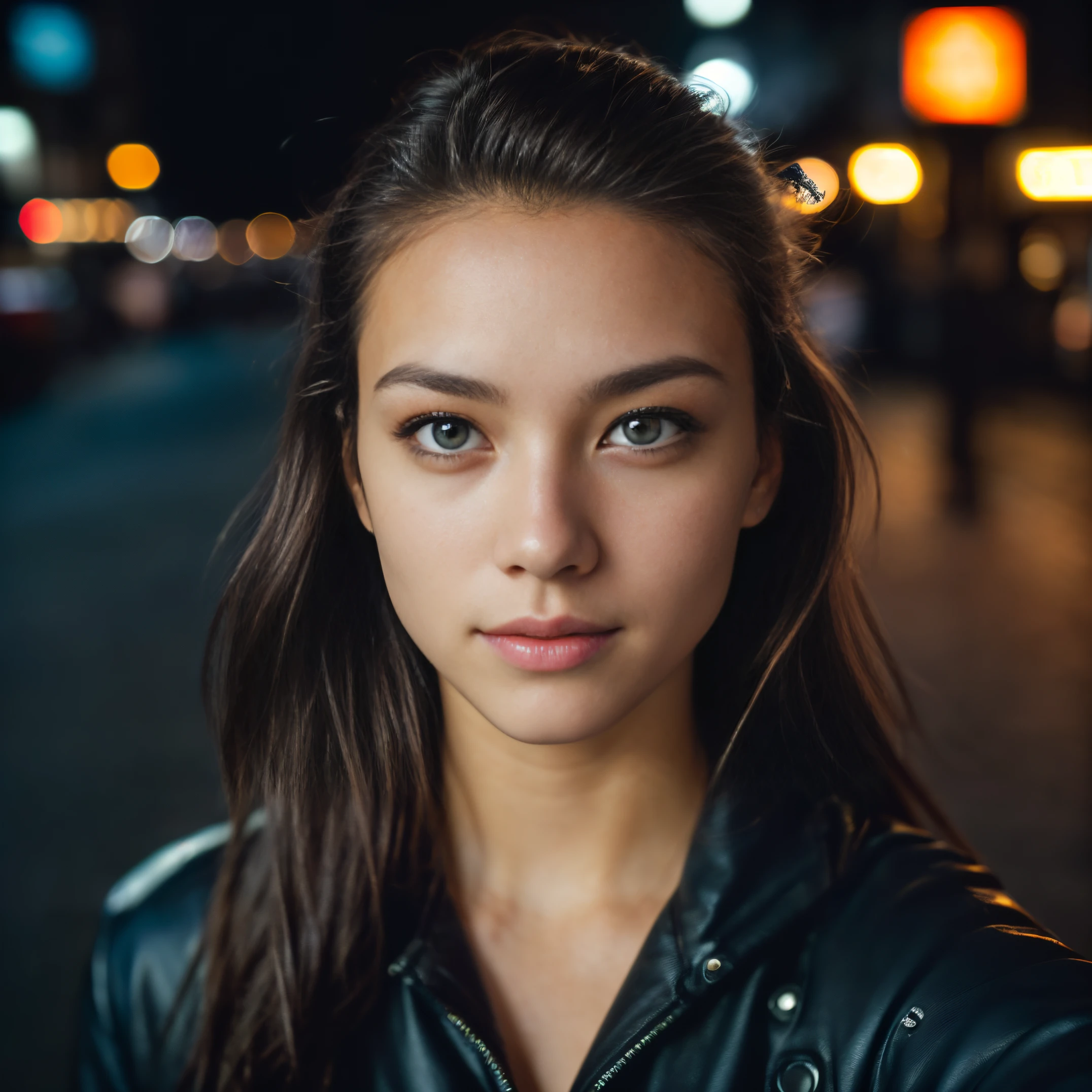 (taking selfies, overhead view: 1.4), (straight half of the torso: 1.4), Portrait photo of a 24-year-old french girl in RAW UHD format (Blue-eyed woman) Walk down the dark alley, night city, Details (textures! , Hair! , glistering, Color!! , imperfections: 1.1), highly detailed glossy eyes (looking at the camera), DSLR Lighting, SLR camera, Ultra-Quality, sharpness, Depth of field, Film grain (Downtown), Fujifilm XT3, Crystal clear, Frame Center, beatiful face, sharp-focus, street lamp, neon lighting, bokeh (dimly lit), night time, (night  sky), detailed skin pores, oilly skin, suntan, Complex eye details