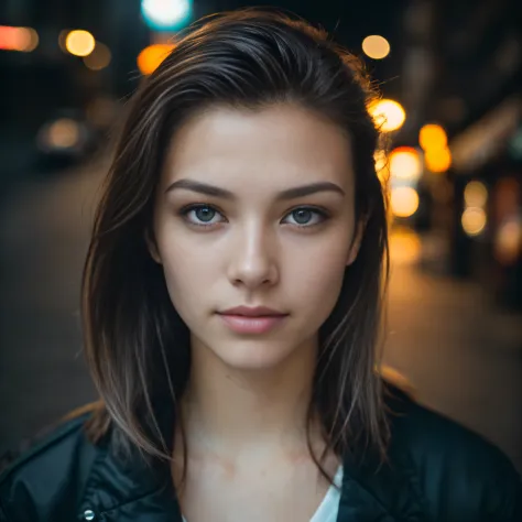 (taking selfies, overhead view: 1.4), (straight half of the torso: 1.4), Portrait photo of a 24-year-old french girl in RAW UHD format (Blue-eyed woman) Walk down the dark alley, night city, Details (textures! , Hair! , glistering, Color!! , imperfections:...