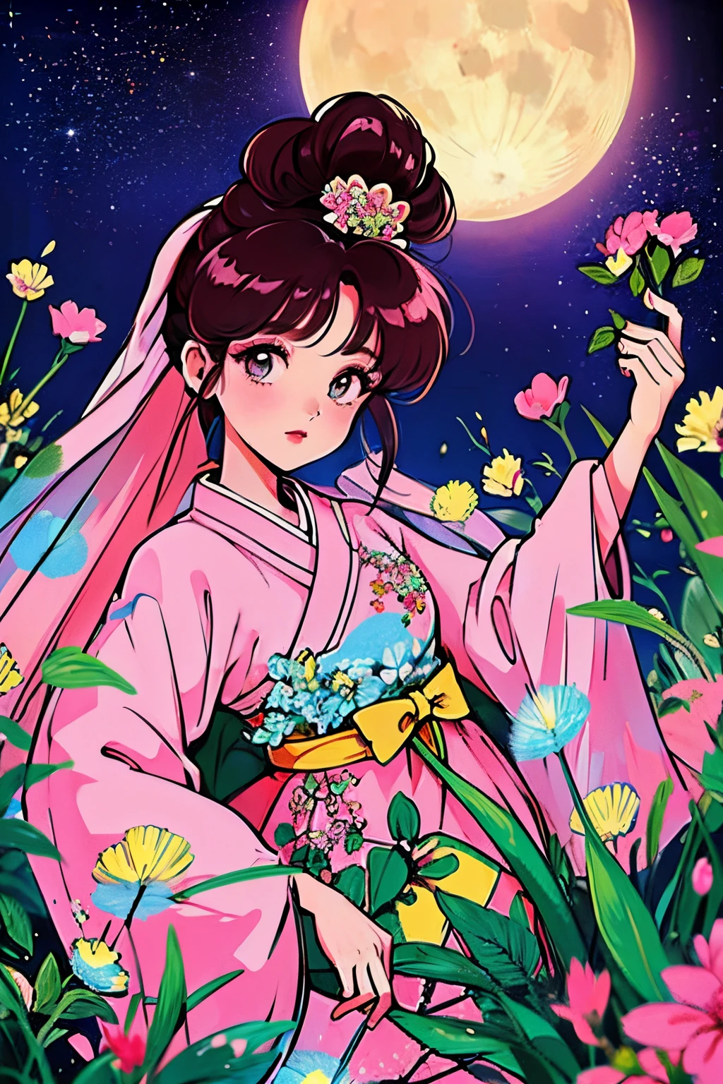 best quality, high_resolution, distinct_image, detailed background ,girl, hanbok,flower,garden,moon, night,