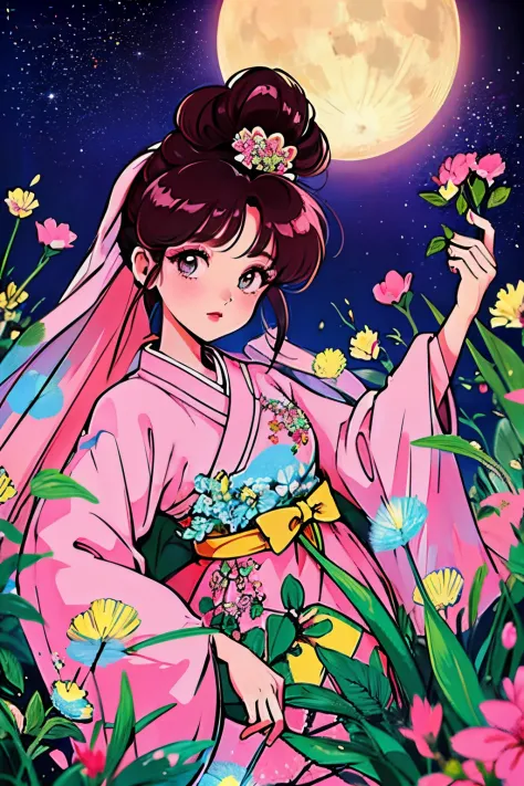 best quality, high_resolution, distinct_image, detailed background ,girl, hanbok,flower,garden,moon, night,