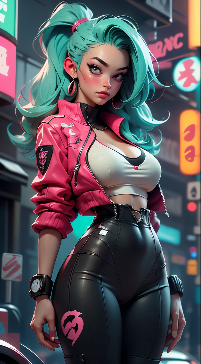 ((Best Quality, best resolution, award-winning portrait, official art)), ((perfect Masterpiece)), ((Realistic)) and ultra-detailed photography of a 1nerdy cyberpunk girl with goth and post apocalyptic colors. She has ((long mint colored hair)), wears a (Harajuku-inspired cyberpunk tech-wear top) and a (Harajuku-inspired cyberpunk tech-wear bottom:1.2) , ((the most beautiful and sexy aesthetic)), sexy, super huge enormously gigantic , cleavage showing, hot, sexy, seductive, slutty Beautiful woman detailed defined body using android 18,full body cammy white ,steet fighter character,fighter ,one piece,big brests,full body,torso,one piece swim suit